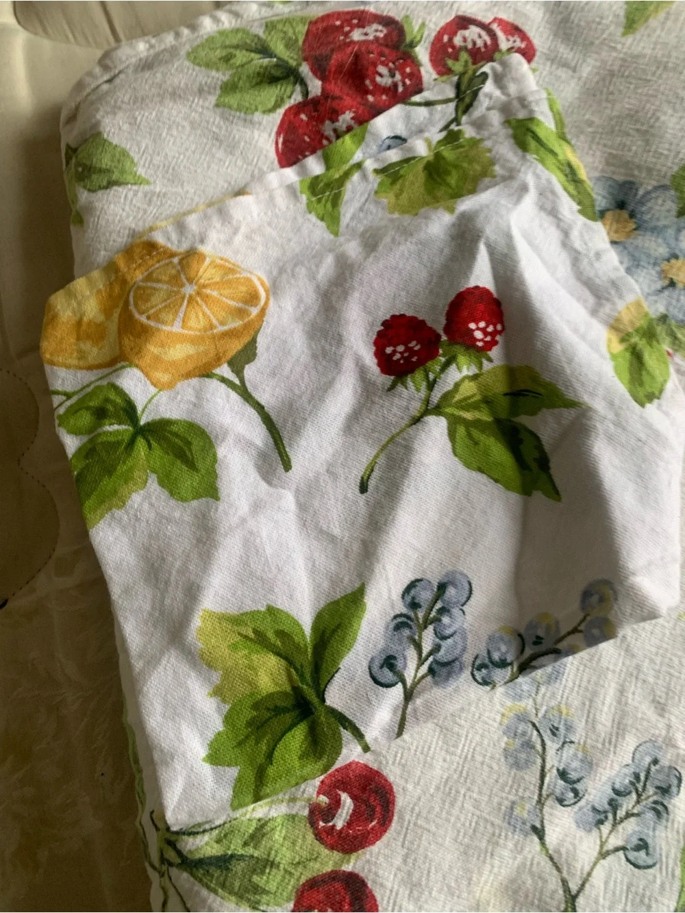 Vintage Cottagecore Fruit and Floral 100% Cotton Tablecloth Lemons cherries